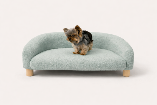 Canapé RACHEL vert pastel en tissu bouclé pour chien
