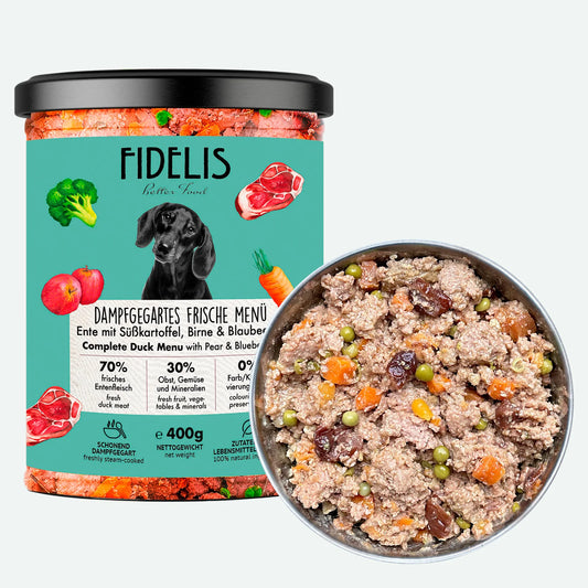 Bocal Canard, Patate Douce, Poire & Myrtille pour chien – Fidelis