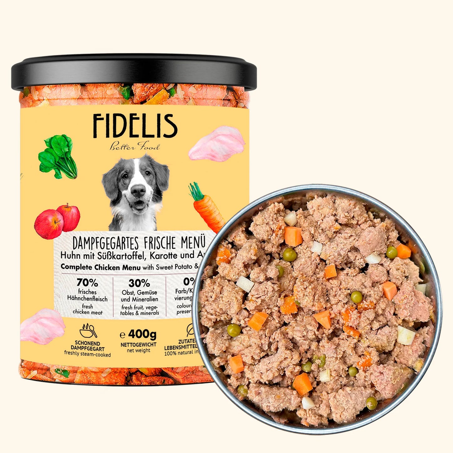 Bocal Poulet, Patate Douce, Carotte & Pomme pour chien – Fidelis