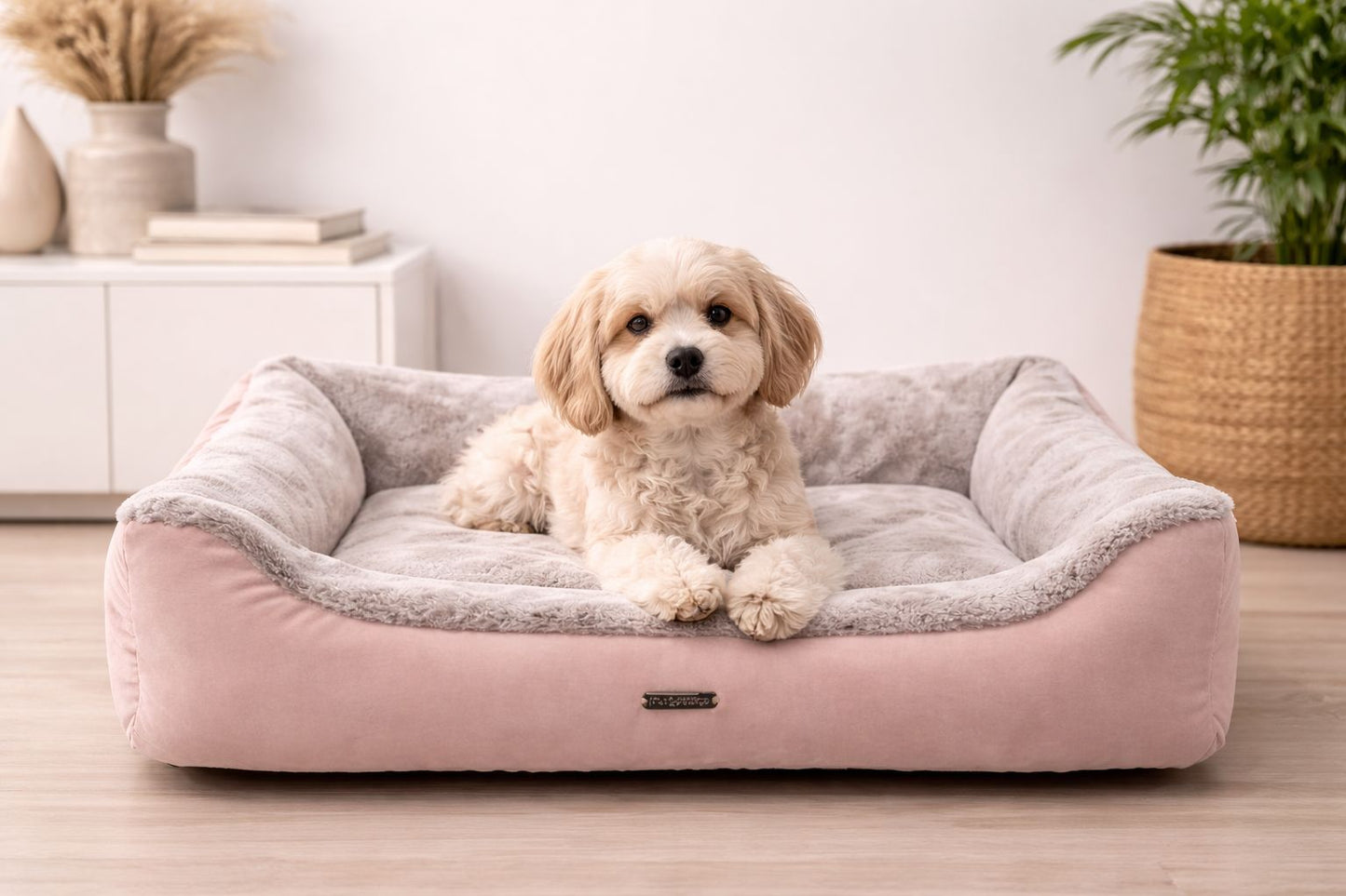 Coussin CAP FERRET déhoussable en fourrure rose pour chien – Milk & Pepper
