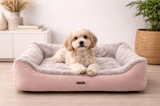 Coussin CAP FERRET déhoussable en fourrure rose pour chien – Milk & Pepper