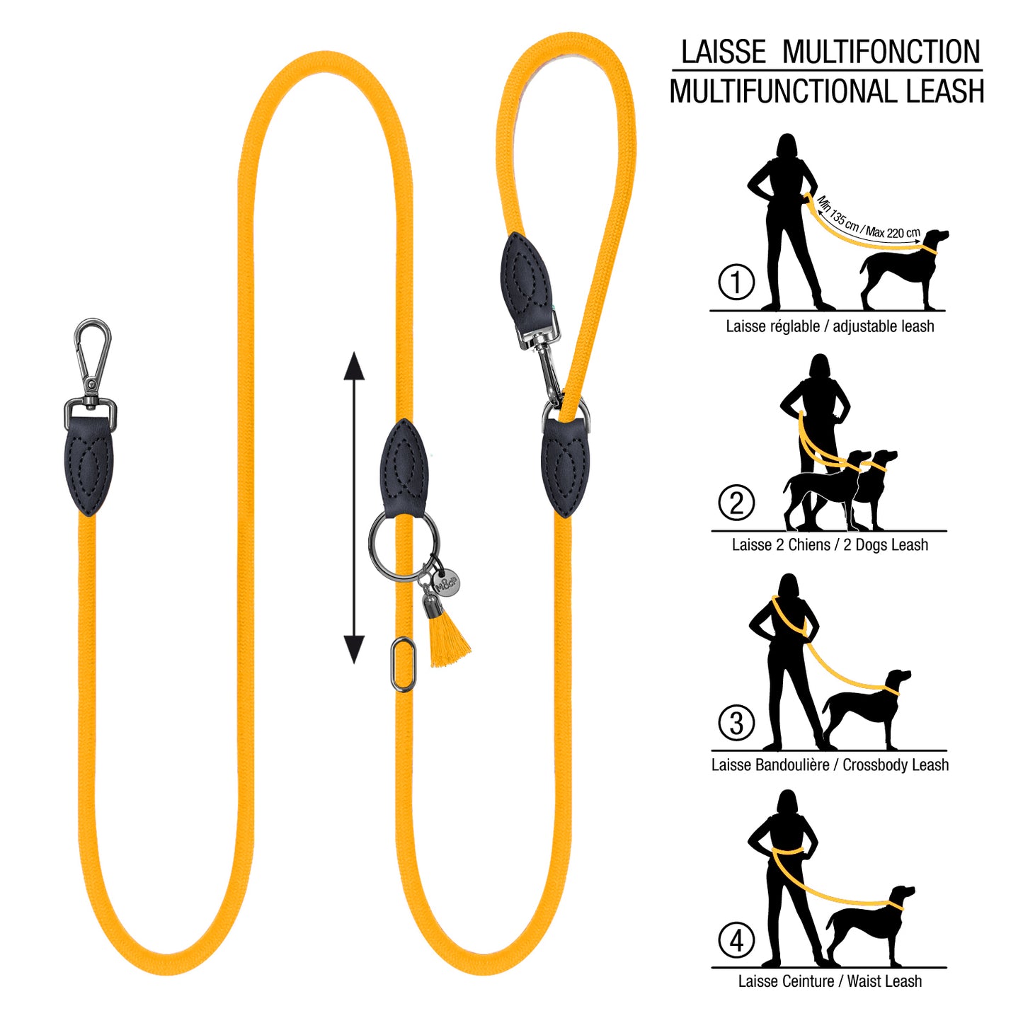 Laisse bandoulière multiposition KAYA pour chien – Polyester tressé vintage