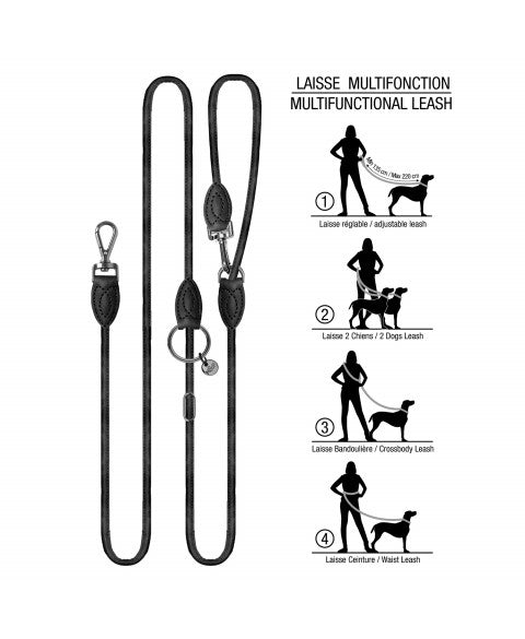 Laisse multiposition pour chien NELSON Noire – Milk & Pepper