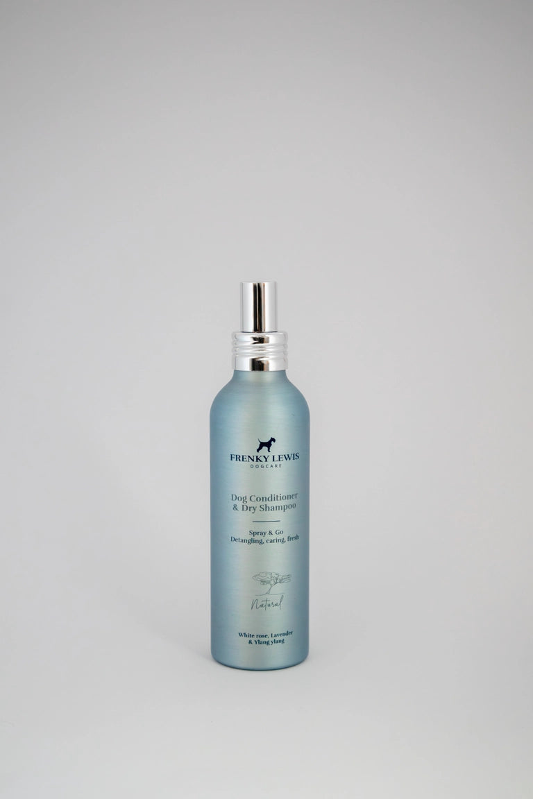 Shampooing sec & après-shampooing chien Spray & Go – Rose Blanche, Lavande & Ylang-Ylang – FRENKY LEWIS 150 ml