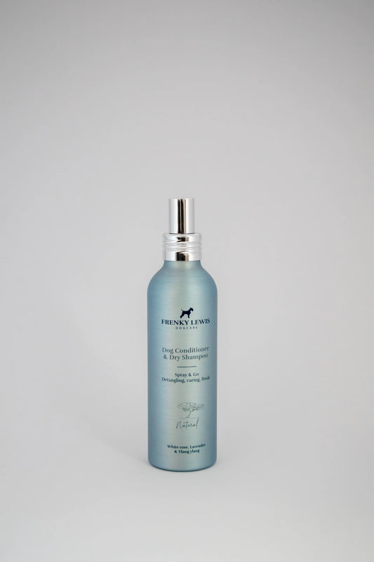 Shampooing sec & après-shampooing chien Spray & Go – Rose Blanche, Lavande & Ylang-Ylang – FRENKY LEWIS 150 ml